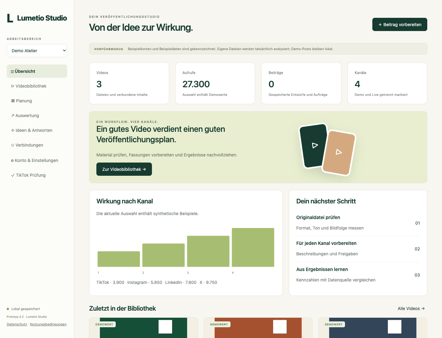 Echte Aufnahme der Lumetio-Studio-Demo mit Videobibliothek, Beitragsstatus und beispielhaften Kennzahlen